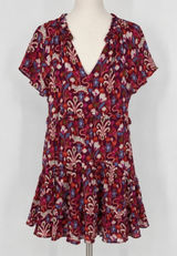 Anthropologie Robin Tiered Mini Dress Size XS Red Floral Ikat Ruffle Boho V Neck Photo 0