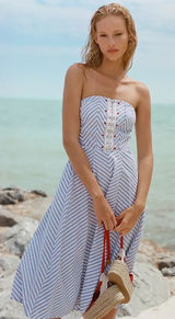 Anthropologie Maeve Strapless A-Line Midi Dress Chevron Coastal Nautical Boho Photo 0