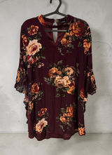 Blu Pepper Burgundy Floral V-Neck Mini Dress with Bell Sleeves Photo 0