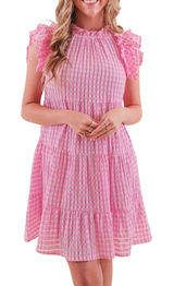 Entro Pink Plaid‎ Checkered Gingham Dress Small Tiered Babydoll Mini Ruffle Neck Photo 0