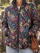 Lands' End Floral Quilted Packable Puffer Jacket Black Multi Zip L 14-16 Photo 0