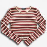 Brandy‎ Melville Striped Long Sleeve Top Red Black Cream Ribbed Crop Crew Neck Photo 0