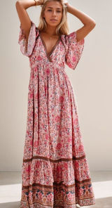 Pink Floral Maxi Dress with V-Neck and Flutter Sleeves Photo 0