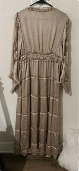 CeCe Ruffle Long Sleeve Satin Maxi Dress, Champagne, V-neck, stiered ruffles. L. Photo 0