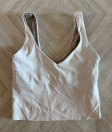 Lululemon White V-Neck Crop Tank Top Tan Built-In Sports Bra Size 0 Photo 0