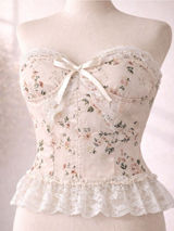 Cider Floral Lace Bustier Crop Top - Cream & Blush with ruffle lace Photo 0