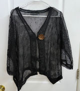 Nina Leonard black loose crocheted net drapey button‎ cropped sleeve cardigan L Photo 0