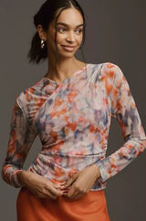 Anthropologie Mesh Crossover Long Sleeve Blouse Watercolor Large Semi‎ Sheer Photo 0