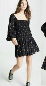 Free People-M Floral Long Sleeve Smocked Mini Dress Romantic Boho-Chic Babydoll‎ Photo 0