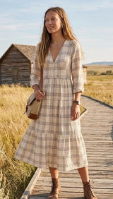 Marine Layer Maeve Maxi Dress NWOT Small Cream Windowpane Plaid Tiered V-Neck Photo 0
