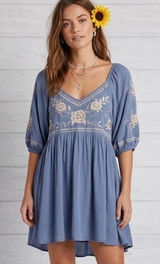 Savanna Jane Women's 2X Blue Embroidered Boho Tunic Dress | Rayon Lined | 3/4 Sleeve | Excellent Pre-Owned Photo 0
