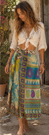 Reversible boho Silk Wrap Skirt Womens OS Turquoise Gold Floral Maxi Photo 0