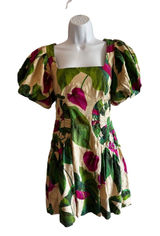 FARM Rio Sand Anthurium Leaves Puff Sleeve Mini Dress XS Summer Boho Ljnen Photo 0