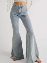 Free People Just Float On Super Flare Mid Rise Jeans Sea Mist Light Wash Size 24 Photo 0
