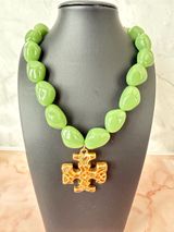 Tory Burch | Gold Plated Icon Pendant Necklace w/Green Beads | Magnetic Closure Photo 0