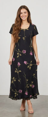 Jessica Howard Black Pink Rose Floral Short Sleeve Maxi Gown Dress Vintage Photo 0