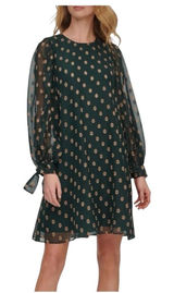 Calvin Klein Shift Dress Women 4 Green Gold Metallic Dot Long Sleeve Tie Cuff Photo 0