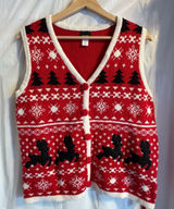 Vintage Reindeer Vest‎ Sz Med Winter Alpine Nordic Sweater Holiday Editions Red Photo 0