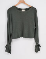 Aritzia Wilfred Emmy Crop Sweater Green Merino Wool Bell Sleeve Tie Cuffs Size S Photo 0