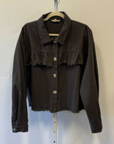 Ee:some Brown Ruffle Raw Hem Denim Jacket Women's Large Grunge Distressed Twill Photo 0