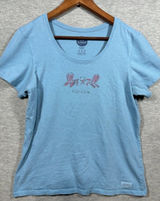 Life Is‎ Good Womens M Blue T-Shirt "I Like It Here" Graphic Adirondack Chair Photo 0