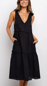 Petal + Pup Erenda Dress Size 10 Black Linen Cotton Tiered Midi Boho Summer Photo 0