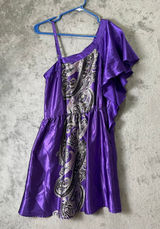 Vintage Y2K Purple One Shoulder Paisley Satin Party Dress Ruffle Mini‎ Dress Med Photo 0