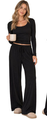 Nuuds Wide Leg Lounge Pants Women's Large Black Loungewear Comfy Relaxation Cozy Photo 0