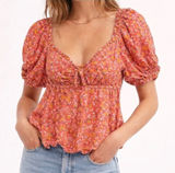 Billabong Boho floral Puff Sleeve Smocked Peplum Top Coral Pink Cottagecore L Photo 0