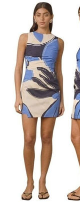 MON RENN Twilight Palms Mini Dress Blue‎ White Abstract Cutout Back Size S NWT Photo 0