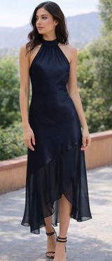 En Saison Hudson Midi Cocktail Wedding Guest Dress in Navy Blue size L NWOT Photo 0