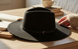 Zara Black Wide Brim Fedora Hat Wool Felt Pinched Crown Buckle Band Size M 58cm Photo 0
