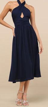 NWOT Lulus Size Small Emrah‎ Navy Blue Cross-Front Cutout Halter Midi Dress Photo 0