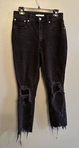 Abercrombie & Fitch High Rise Mom Jeans Women's 27/4S Black Distressed Fringe Photo 0