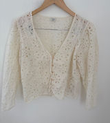 Wilfred Aritzia White Cotton Eyelet Cardigan V-Neck Puff‎ Sleeve Top Size M Photo 0