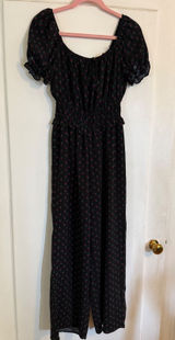 Liberty Love Womens Black‎ Cherry Print Smocked Waist Wide Leg Jumpsuit Small Photo 0