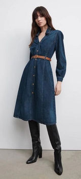 Zara Dark wester Blue Denim Midi Shirt Dress with Brown Belt Photo 0