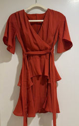 Women's Altar'd State Brick Red Ruffle Tier Tie Belt Mini Dress Photo 0
