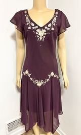 Y2K Vintage SL FASHIONS Plum Purple Beaded Floral Handkerchief Hem Midi Dress Photo 0