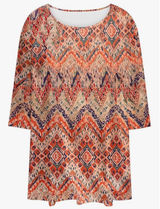 Womens Orange Ikat Geometric Print Tunic‎ Top 3/4 Sleeve Scoop Neck Boho Medium Photo 0