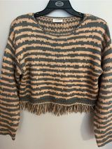 Storia Striped Fringe-Hem Cropped Sweater - Taupe & Gray Photo 0