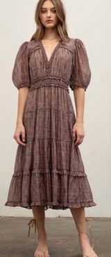 by the RiverTiered Puff-Sleeve Midi Dress in Warm Brown size S Photo 0