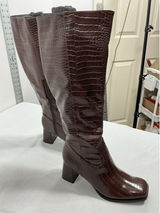 Womans Suedi Knee High Boots Brown Croc Faux Leather 7.5 Blk Heel 1/2 Zip NWOT Photo 0