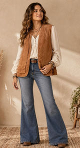 Chicos Brown Genuine Suede Vest Sz 2/L Boho Coastal Cowgirl Y2K Pleated Western Photo 0