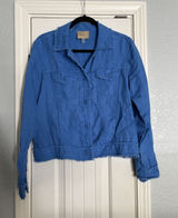 Elie‎ Tahari Linen Jacket Womens Medium Blue Frayed Hem Trucker Button Up Coat Photo 0