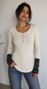 Free People Top Women L Newbie Thermal Alpine Henley Cuffs Cream Black Photo 0