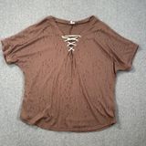 Buckle Tattered Lace Up Tee Shirt Women's Small Brown Short Sleeve Distressed Photo 0