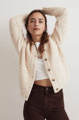 Madewell Wool Bomber‎ Cardigan Sweater Chunky Knit Cream Fisherman $148 NWT XXS Photo 0
