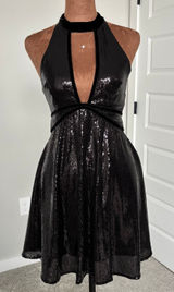 Free‎ People Film Noir Black Sequin Halter Mini Dress Velvet Trim Open Back US 2 Photo 0