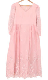 Vintage 70s Pink Floral Embroidered Sequin Maxi Dress Womens Size L Princess Photo 0